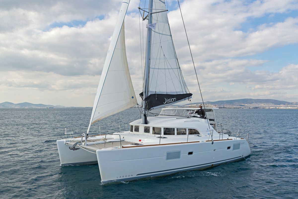 Exterior view of Eleven, a Lagoon 380 catamaran at Gouvia, Greece