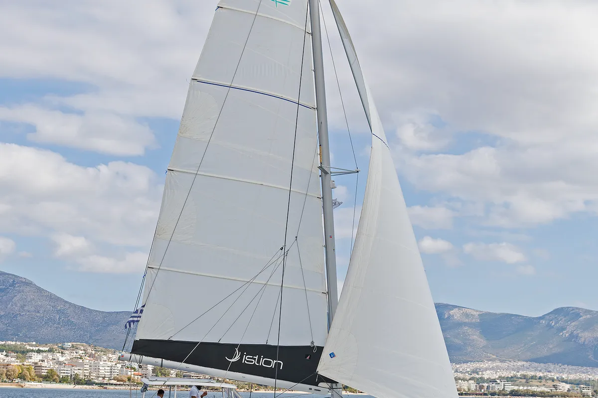 Exterior view of Eleven, a Lagoon 380 catamaran at Gouvia, Greece