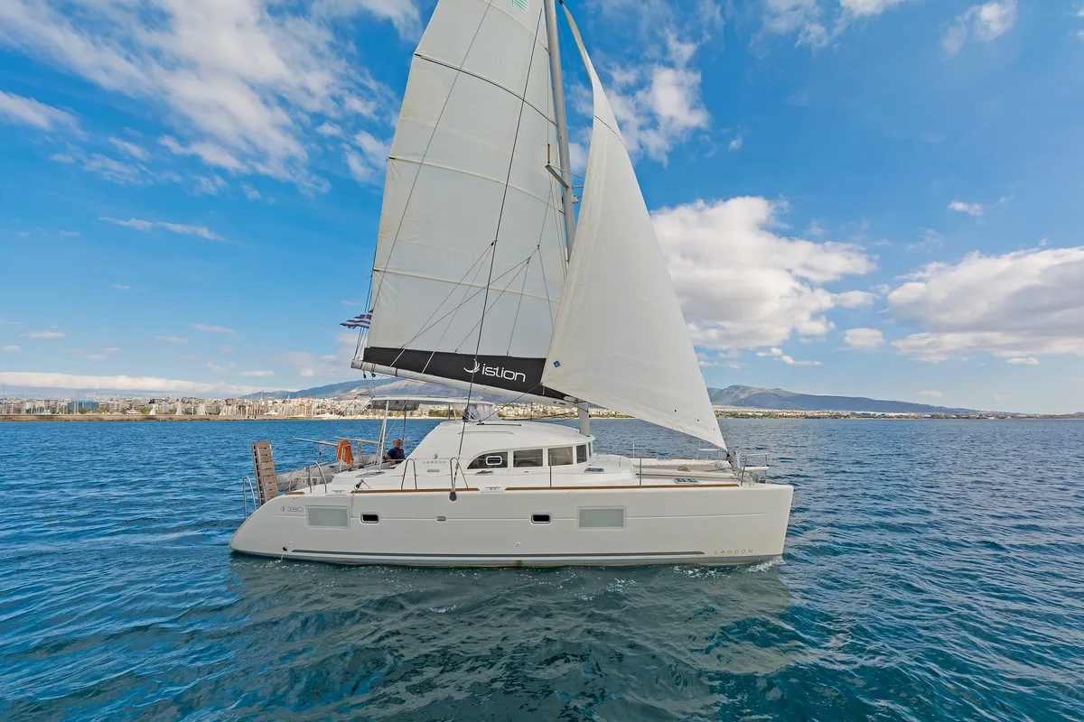 Exterior view of Eleven, a Lagoon 380 catamaran at Gouvia, Greece