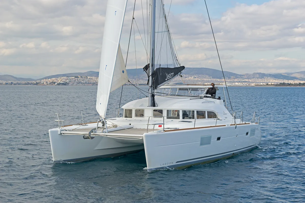 Exterior view of Eleven, a Lagoon 380 catamaran at Gouvia, Greece