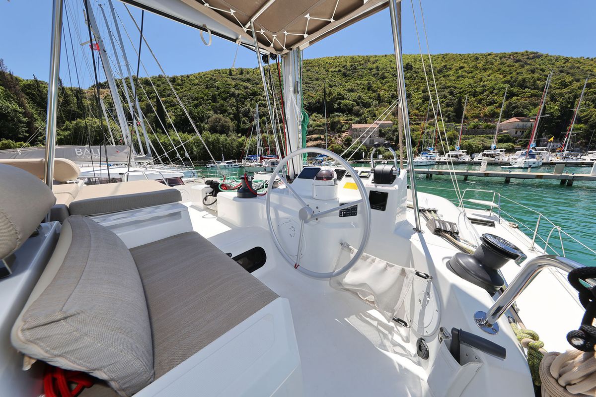 Cockpit of Jenny, a Bali Catspace catamaran at Dubrovnik, Croatia