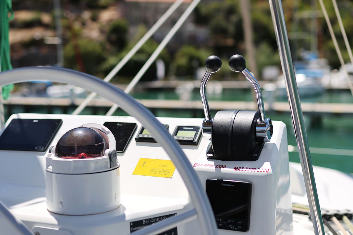 Cockpit of Jenny, a Bali Catspace catamaran at Dubrovnik, Croatia