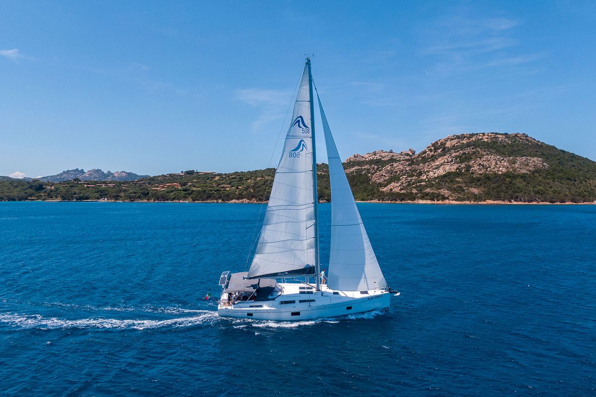 Exterior view of Atena, a Hanse Yachts Hanse 508 sailboat at Cannigione, Italy