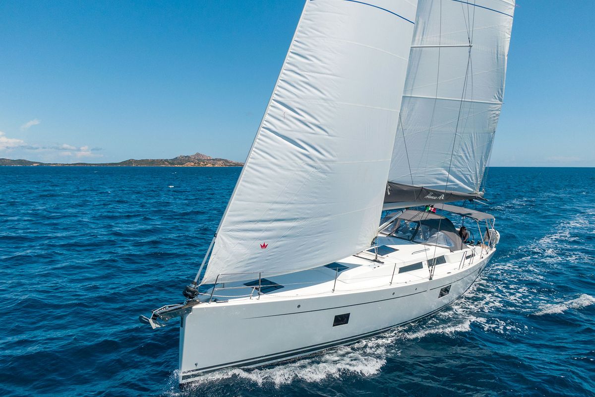 Exterior view of Atena, a Hanse Yachts Hanse 508 sailboat at Cannigione, Italy
