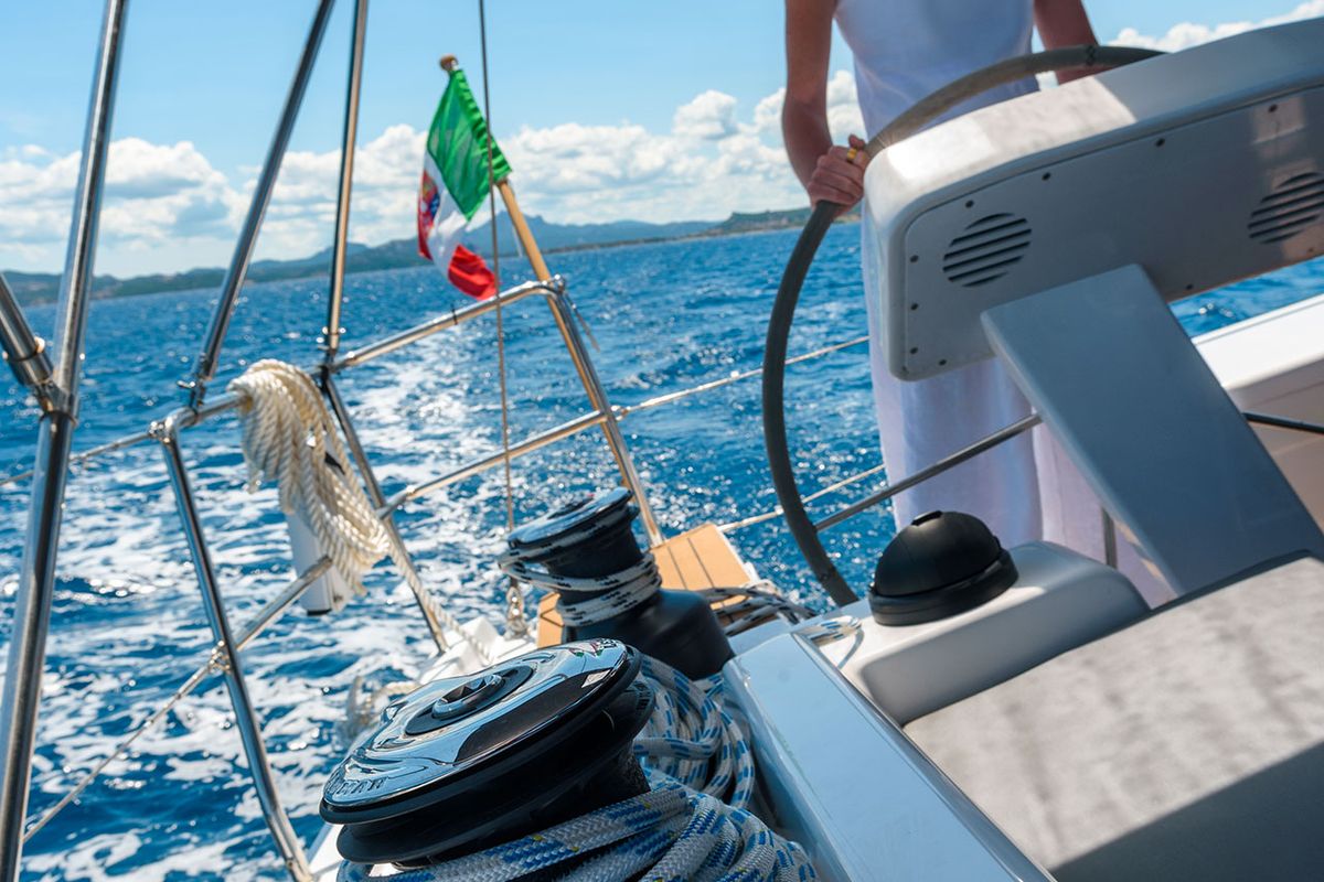 Cockpit of Atena, a Hanse Yachts Hanse 508 sailboat at Cannigione, Italy