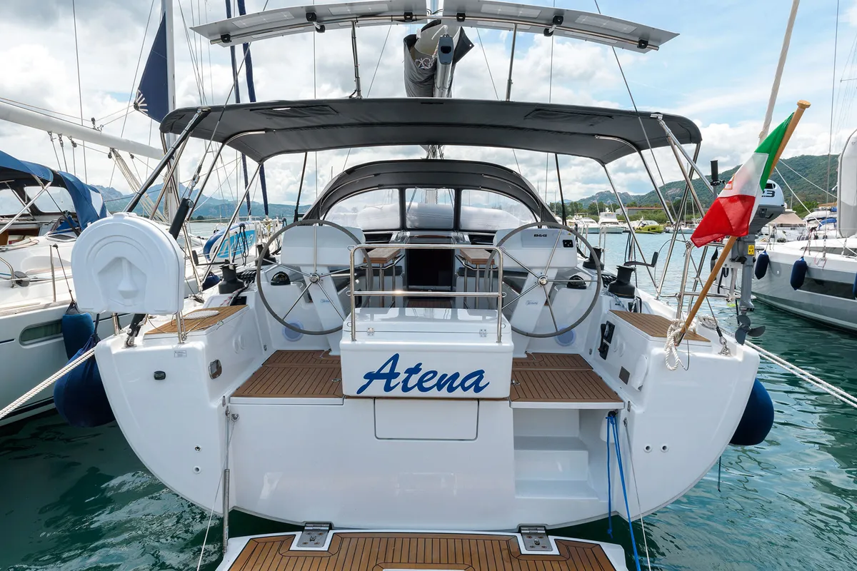 Cockpit of Atena, a Hanse Yachts Hanse 508 sailboat at Cannigione, Italy