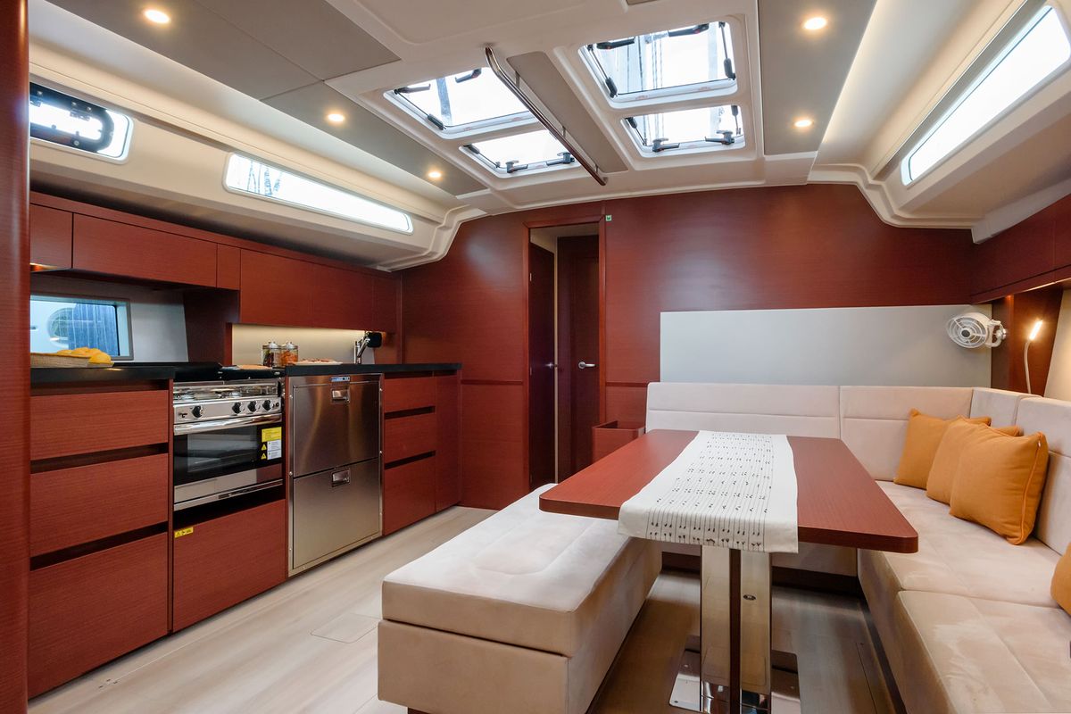Galley of Atena, a Hanse Yachts Hanse 508 sailboat at Cannigione, Italy