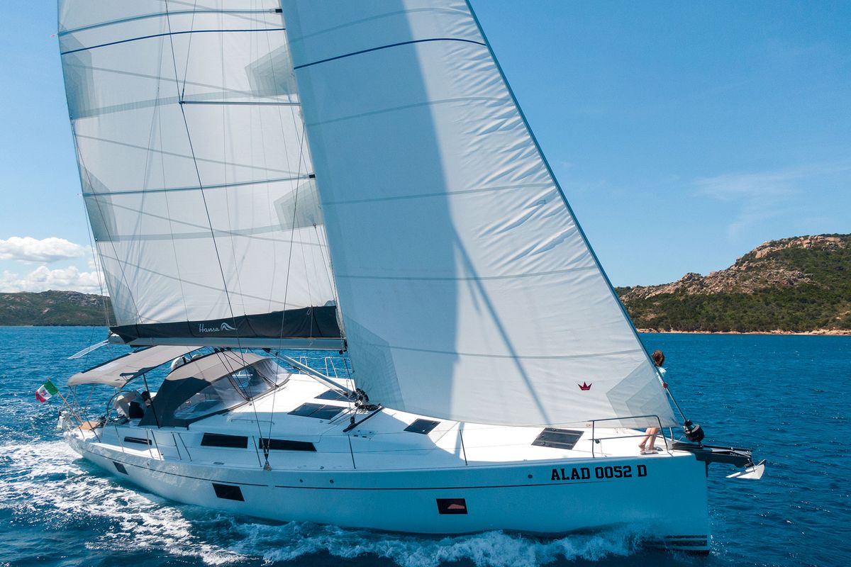 Exterior view of Atena, a Hanse Yachts Hanse 508 sailboat at Cannigione, Italy