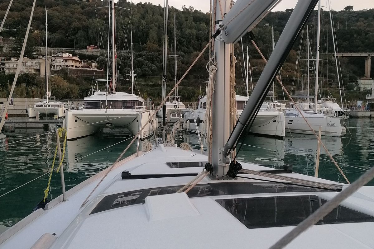 Deck of Biga, a Dufour 360 Grand Large sailboat at Capo d'Orlando, Italy