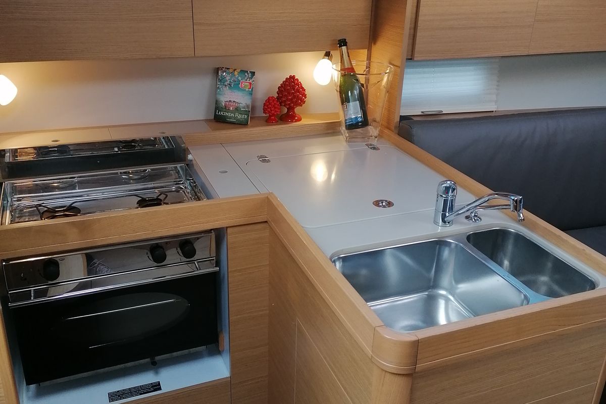 Galley of Biga, a Dufour 360 Grand Large sailboat at Capo d'Orlando, Italy