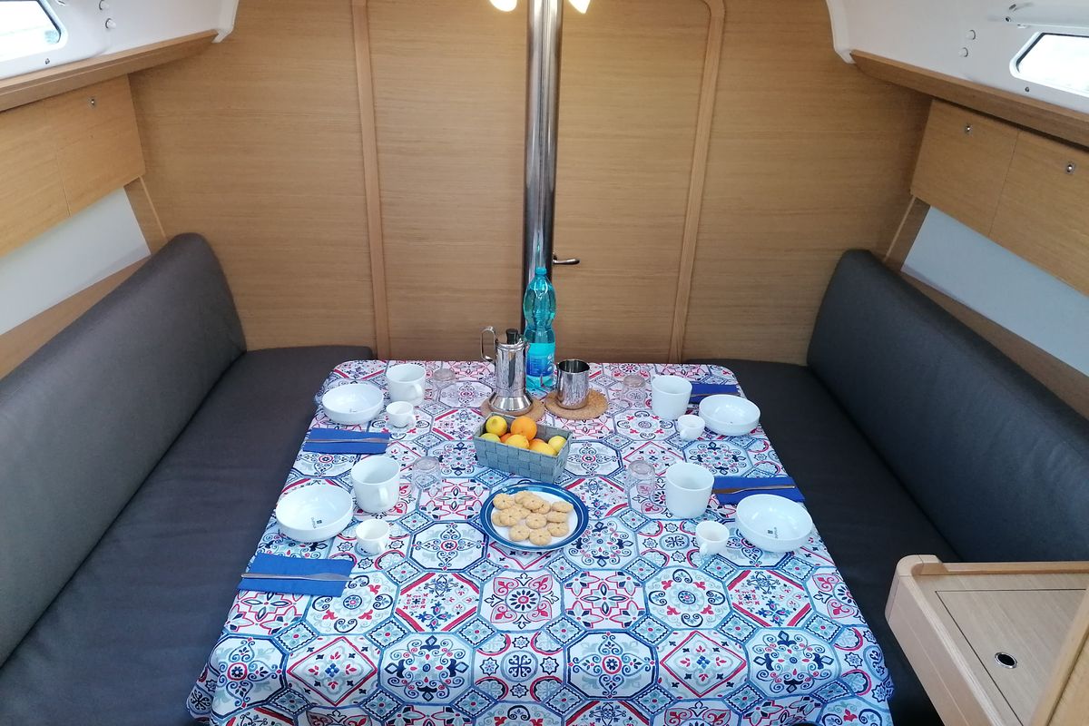Salon of Biga, a Dufour 360 Grand Large sailboat at Capo d'Orlando, Italy