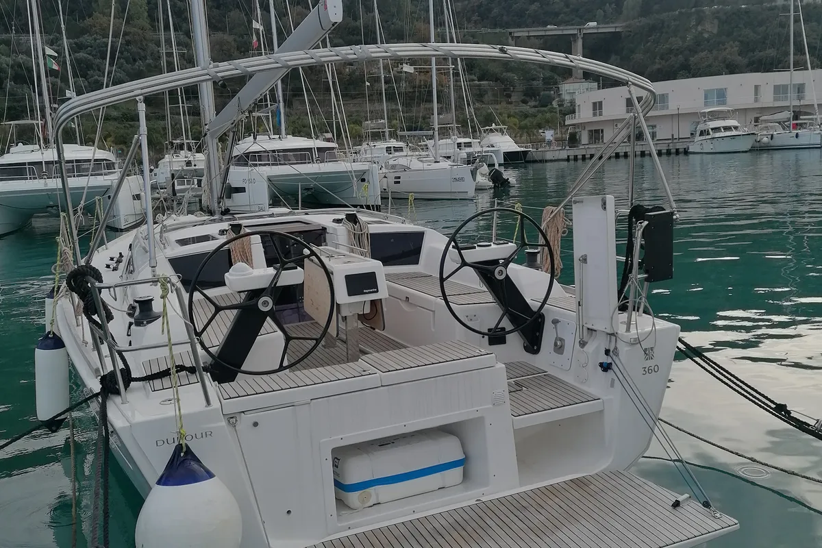 Exterior view of Biga, a Dufour 360 Grand Large sailboat at Capo d'Orlando, Italy