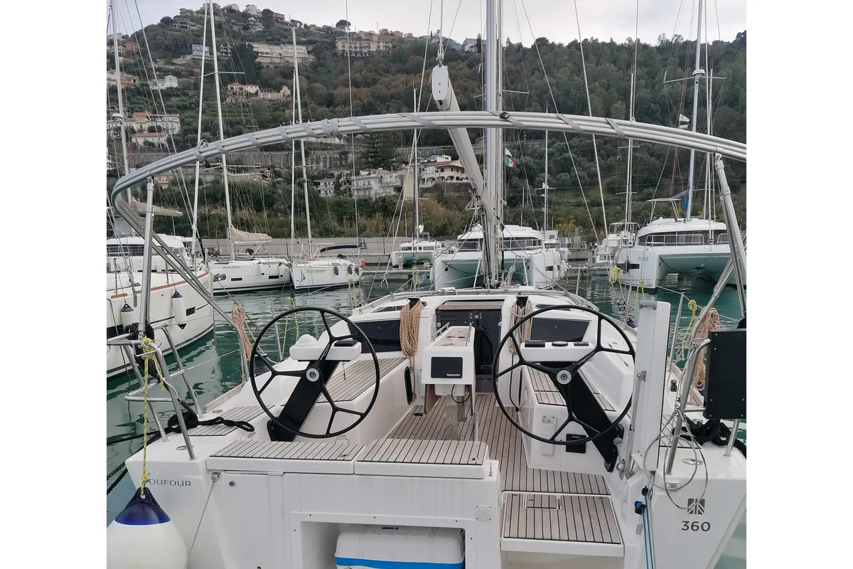 Cockpit of Biga, a Dufour 360 Grand Large sailboat at Capo d'Orlando, Italy