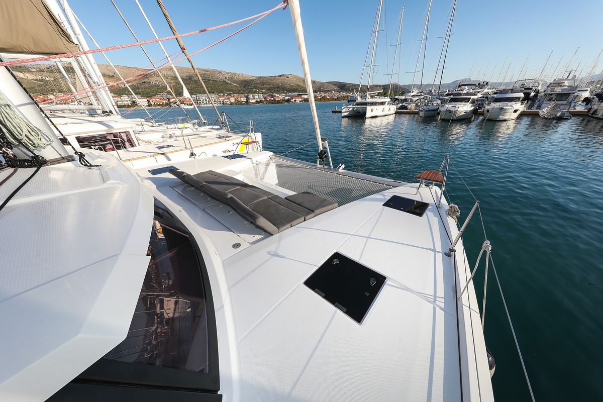 Deck of Macho, a Fountaine Pajot Astrea 42 Quatuor catamaran at Grad Trogir, Croatia