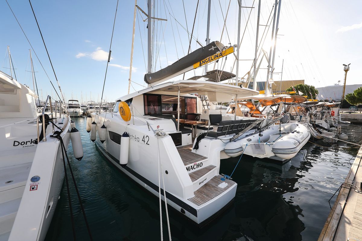 Exterior view of Macho, a Fountaine Pajot Astrea 42 Quatuor catamaran at Grad Trogir, Croatia