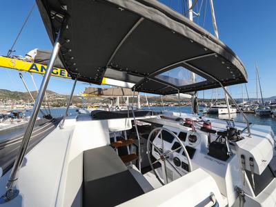 Cockpit of Macho, a Fountaine Pajot Astrea 42 Quatuor catamaran at Grad Trogir, Croatia