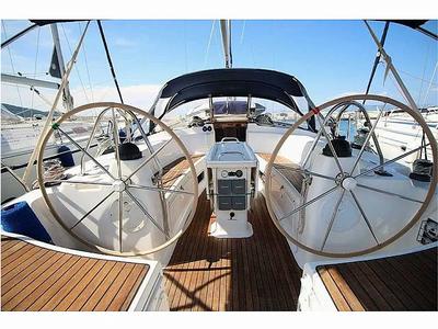 Cockpit of Argonaftis, a Bavaria 44 sailboat at Port of Avdira, Greece