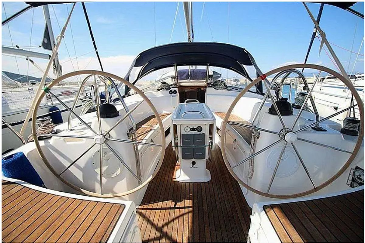 Cockpit of Argonaftis, a Bavaria 44 sailboat at Port of Avdira, Greece
