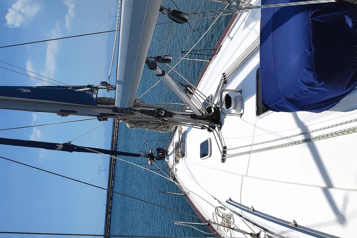 Deck of Argonaftis, a Bavaria 44 sailboat at Port of Avdira, Greece