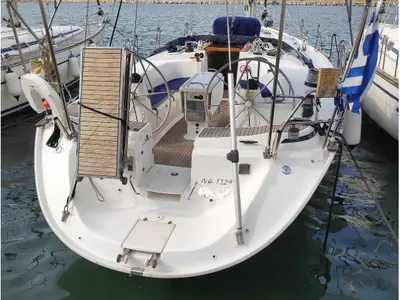 Deck of Argonaftis, a Bavaria 44 sailboat at Port of Avdira, Greece