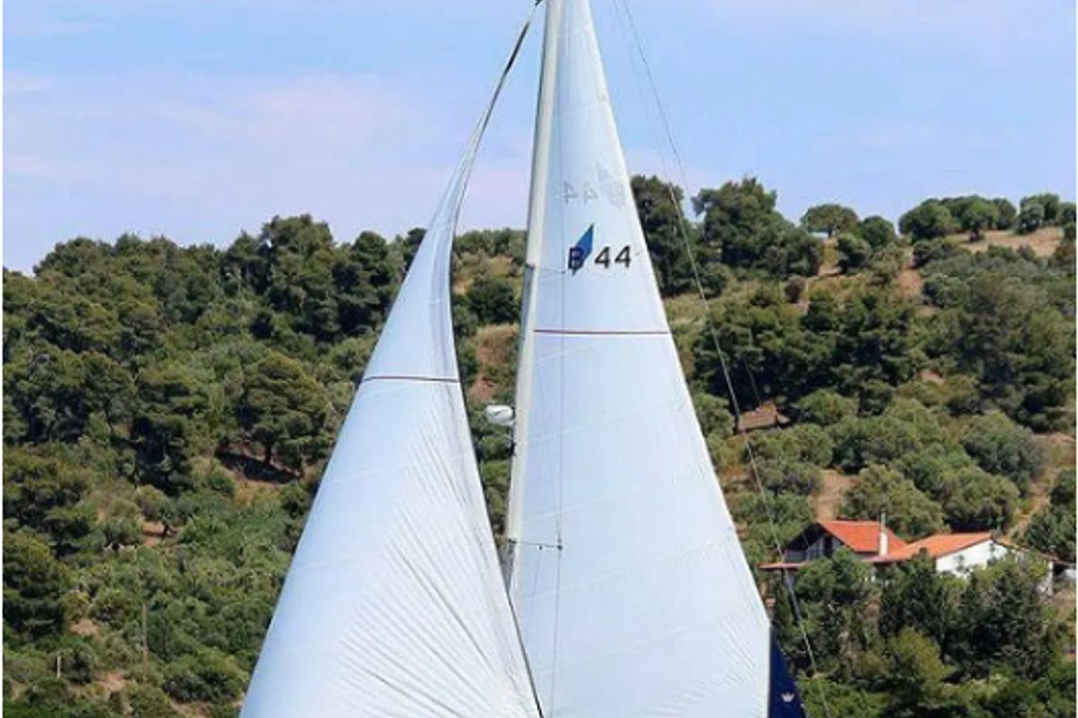Exterior view of Argonaftis, a Bavaria 44 sailboat at Port of Avdira, Greece