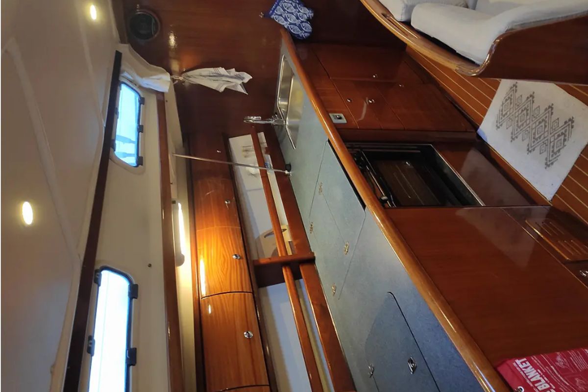 Galley of Argonaftis, a Bavaria 44 sailboat at Port of Avdira, Greece