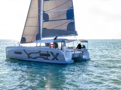 Exterior view of Dioscuri, a Excess 11 - 4 + 1 + 1 cab. catamaran at Split, Croatia