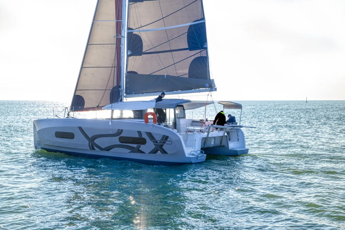 Exterior view of Dioscuri, a Excess 11 - 4 + 1 + 1 cab. catamaran at Split, Croatia