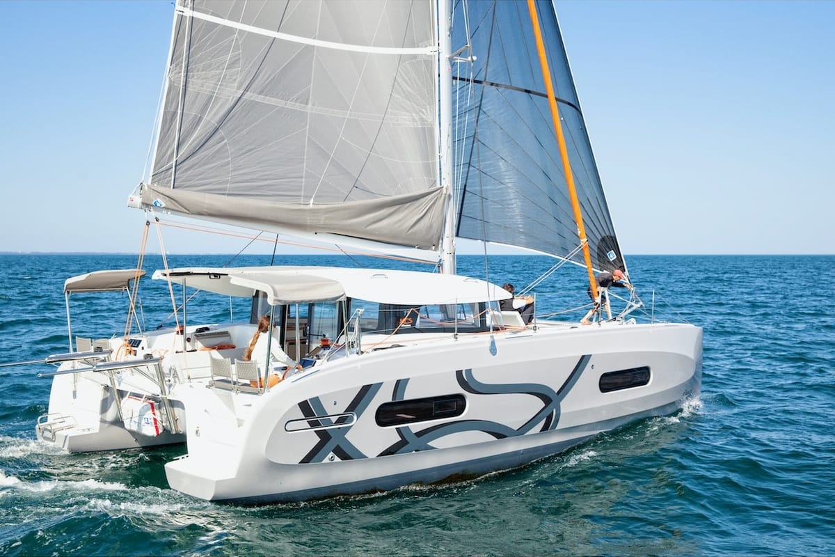Exterior view of Dioscuri, a Excess 11 - 4 + 1 + 1 cab. catamaran at Split, Croatia