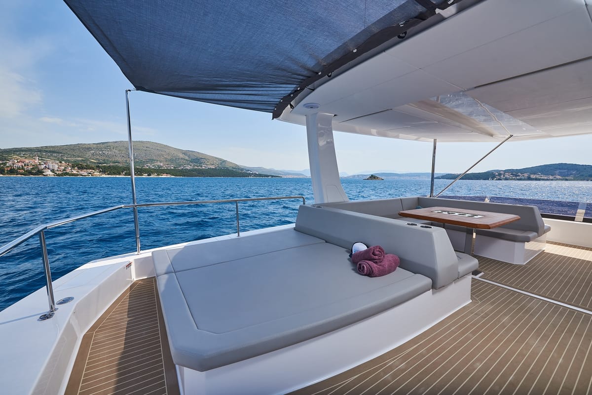 Deck of Good Vibes, a Leopard 53 - OW catamaran at Seget Donji, Croatia