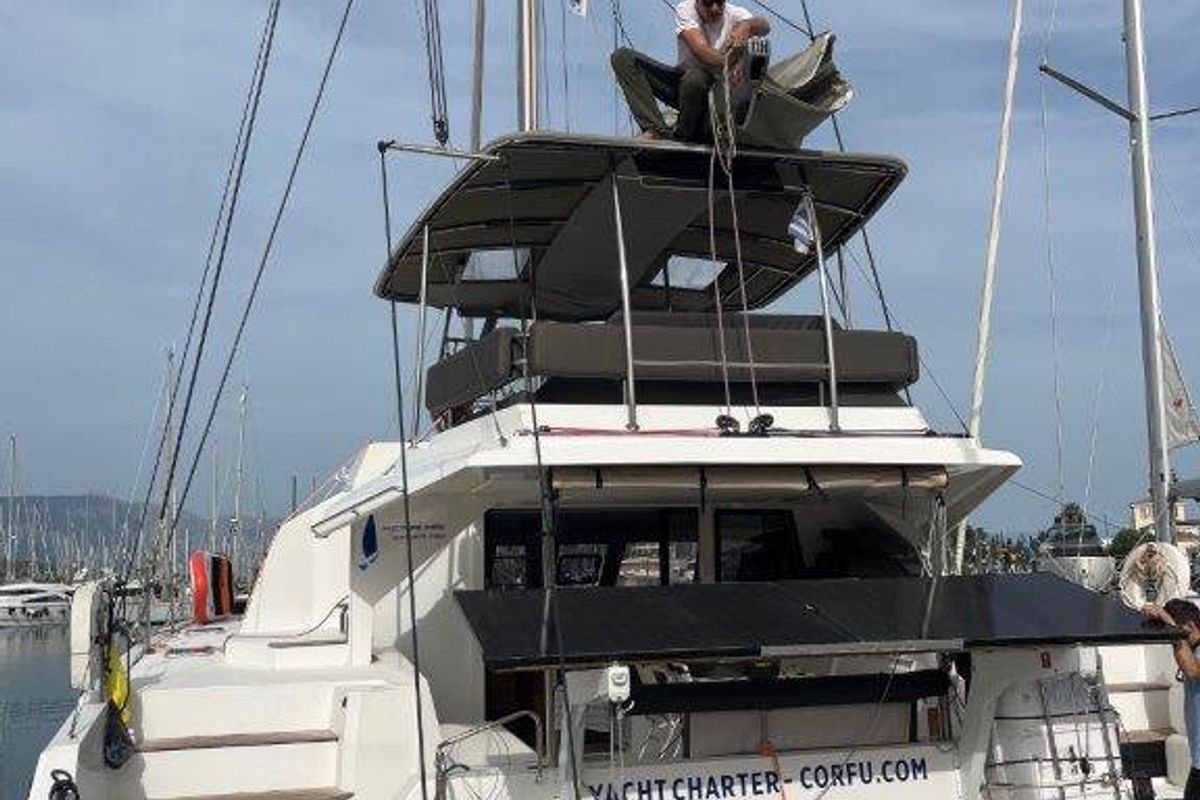Exterior view of Mira, a Nautitech Rochefort Nautitech 46 Fly catamaran at Kontokali, Greece
