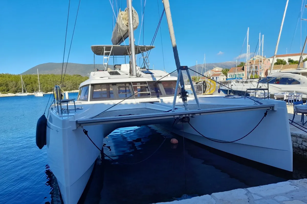 Exterior view of Mira, a Nautitech Rochefort Nautitech 46 Fly catamaran at Kontokali, Greece