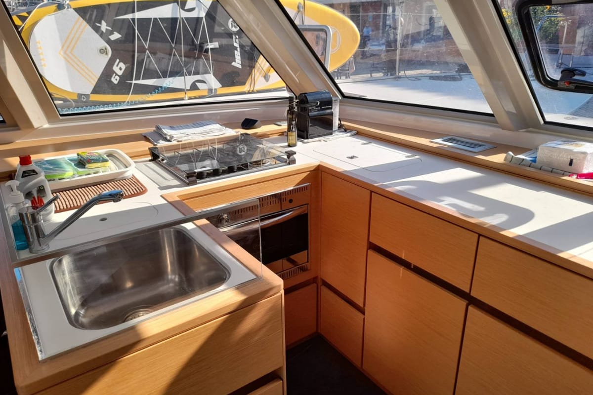 Galley of Mira, a Nautitech Rochefort Nautitech 46 Fly catamaran at Kontokali, Greece