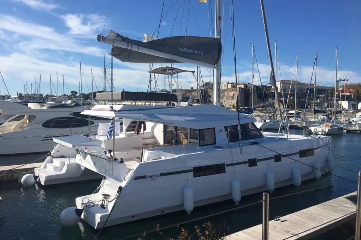 Exterior view of Mira, a Nautitech Rochefort Nautitech 46 Fly catamaran at Kontokali, Greece