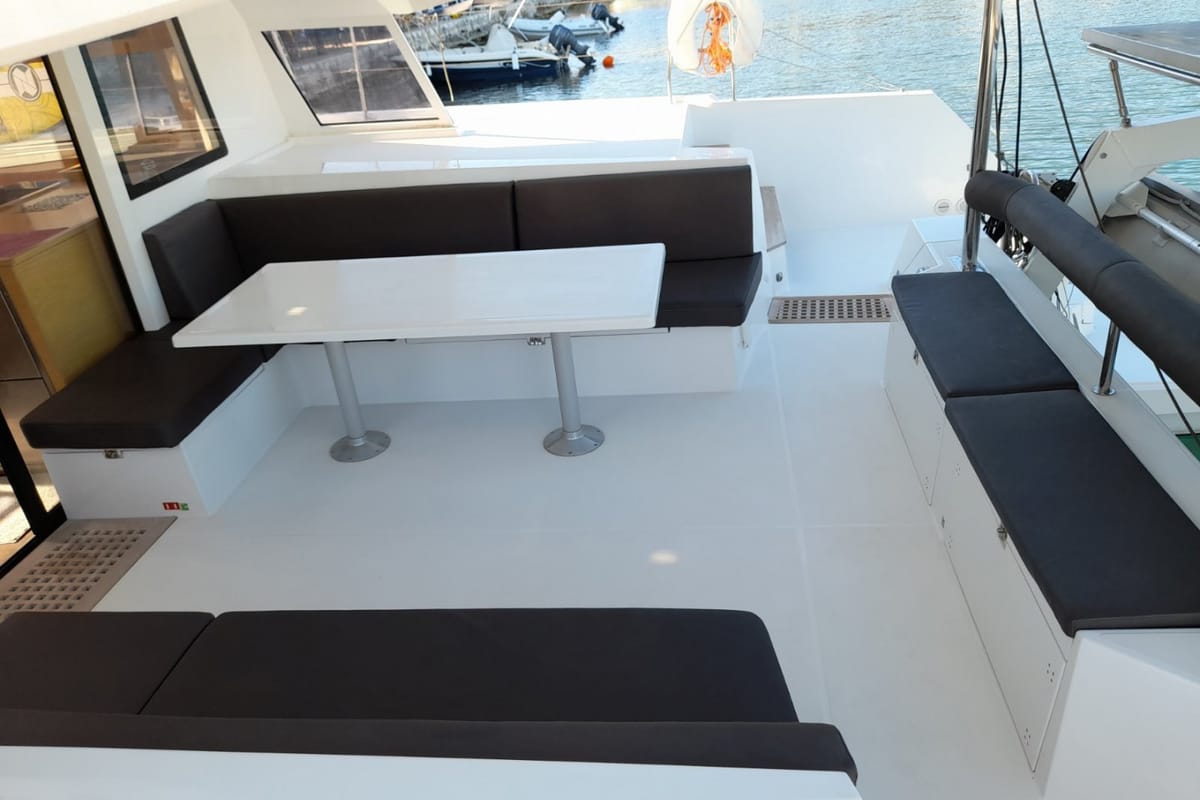 Deck of Mira, a Nautitech Rochefort Nautitech 46 Fly catamaran at Kontokali, Greece