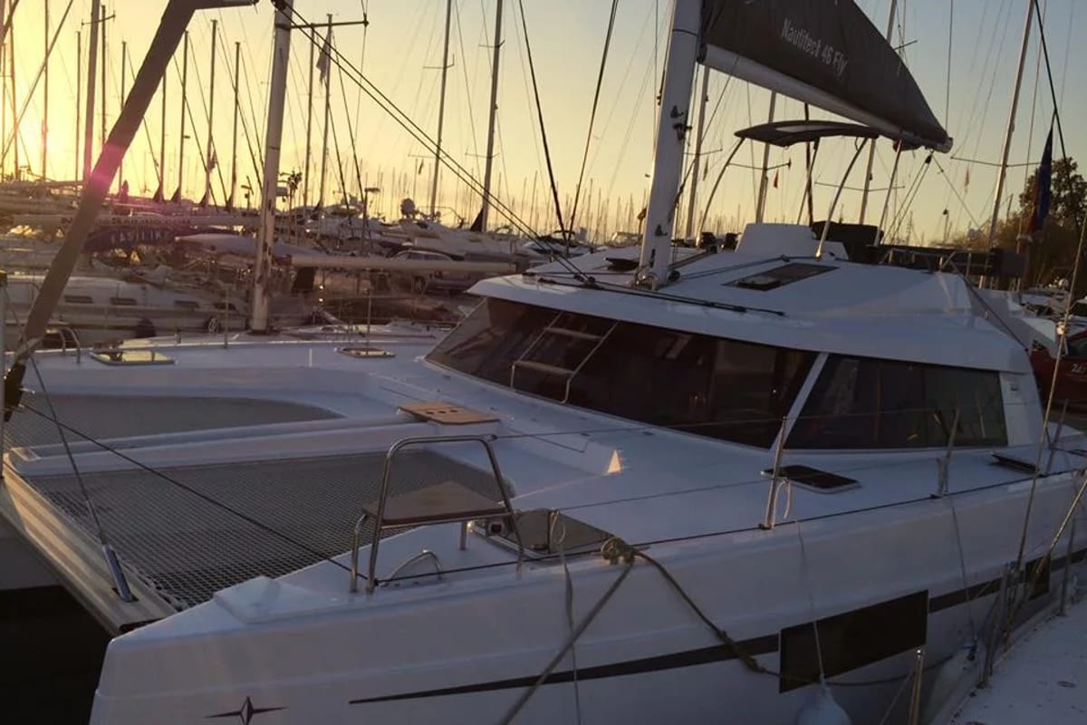 Exterior view of Mira, a Nautitech Rochefort Nautitech 46 Fly catamaran at Kontokali, Greece