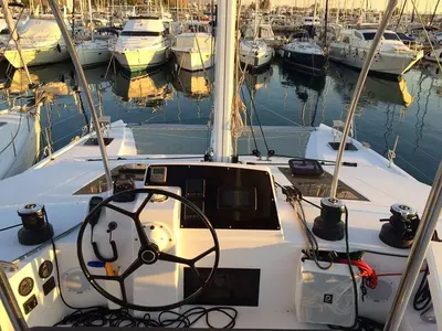 Cockpit of Mira, a Nautitech Rochefort Nautitech 46 Fly catamaran at Kontokali, Greece