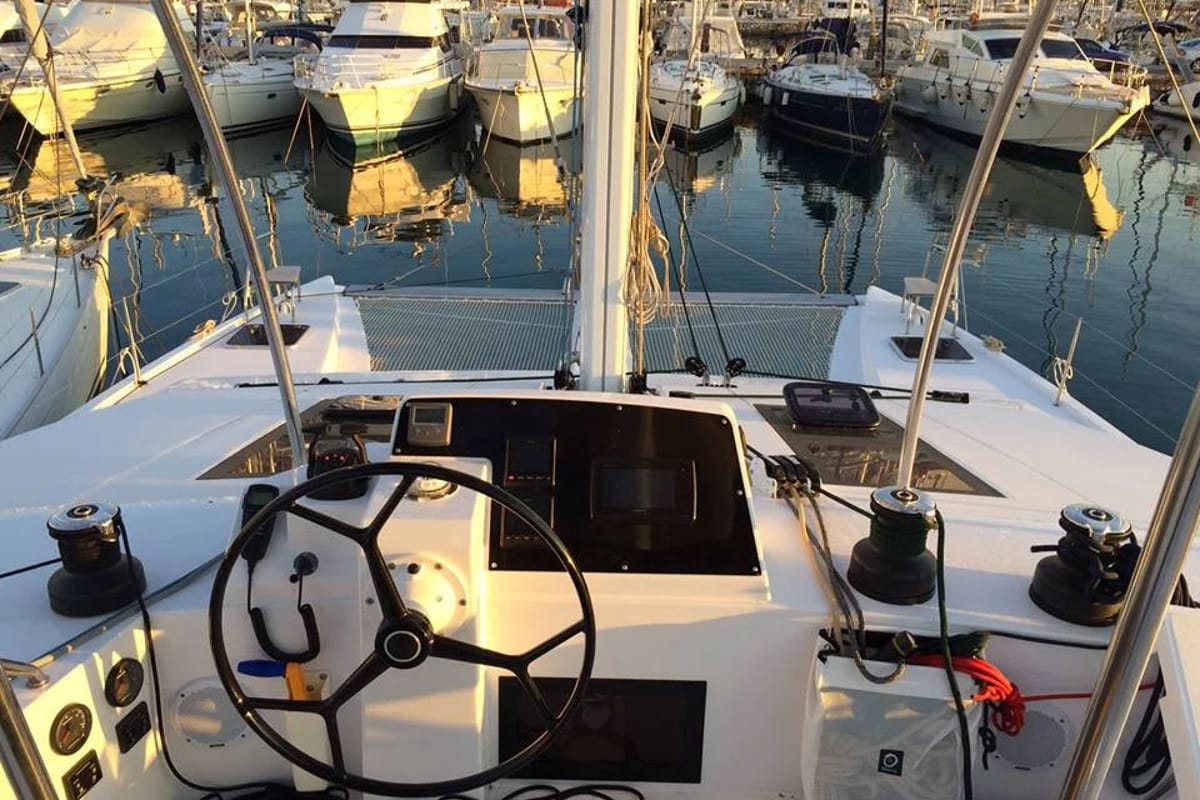 Cockpit of Mira, a Nautitech Rochefort Nautitech 46 Fly catamaran at Kontokali, Greece