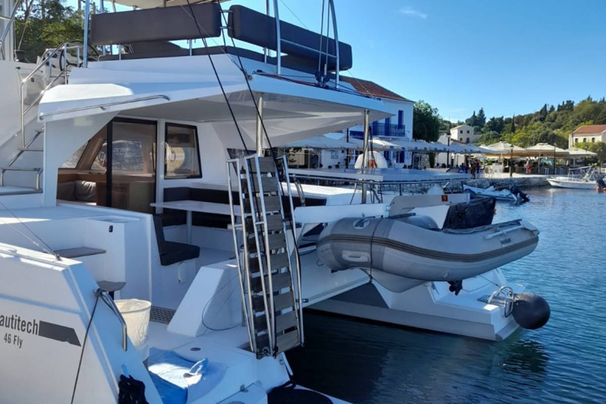 Exterior view of Mira, a Nautitech Rochefort Nautitech 46 Fly catamaran at Kontokali, Greece