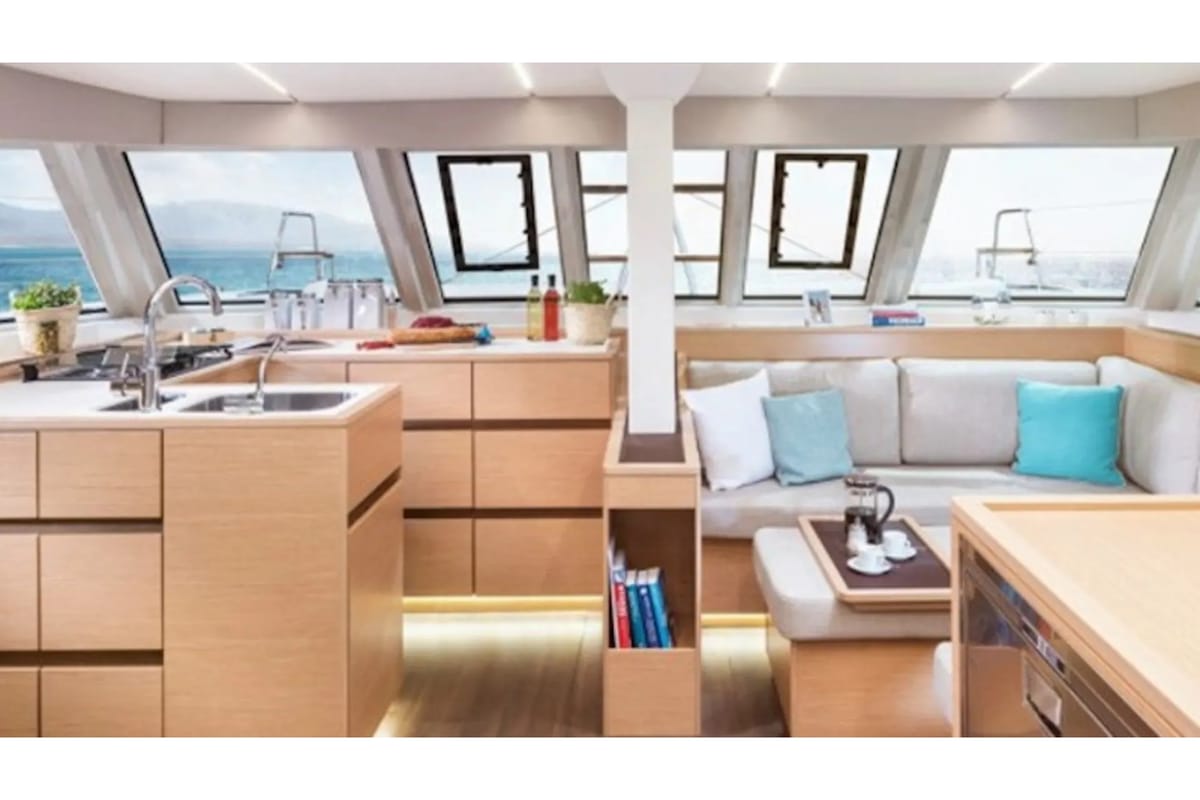 Salon of Mira, a Nautitech Rochefort Nautitech 46 Fly catamaran at Kontokali, Greece