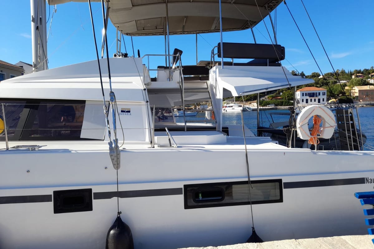 Exterior view of Mira, a Nautitech Rochefort Nautitech 46 Fly catamaran at Kontokali, Greece