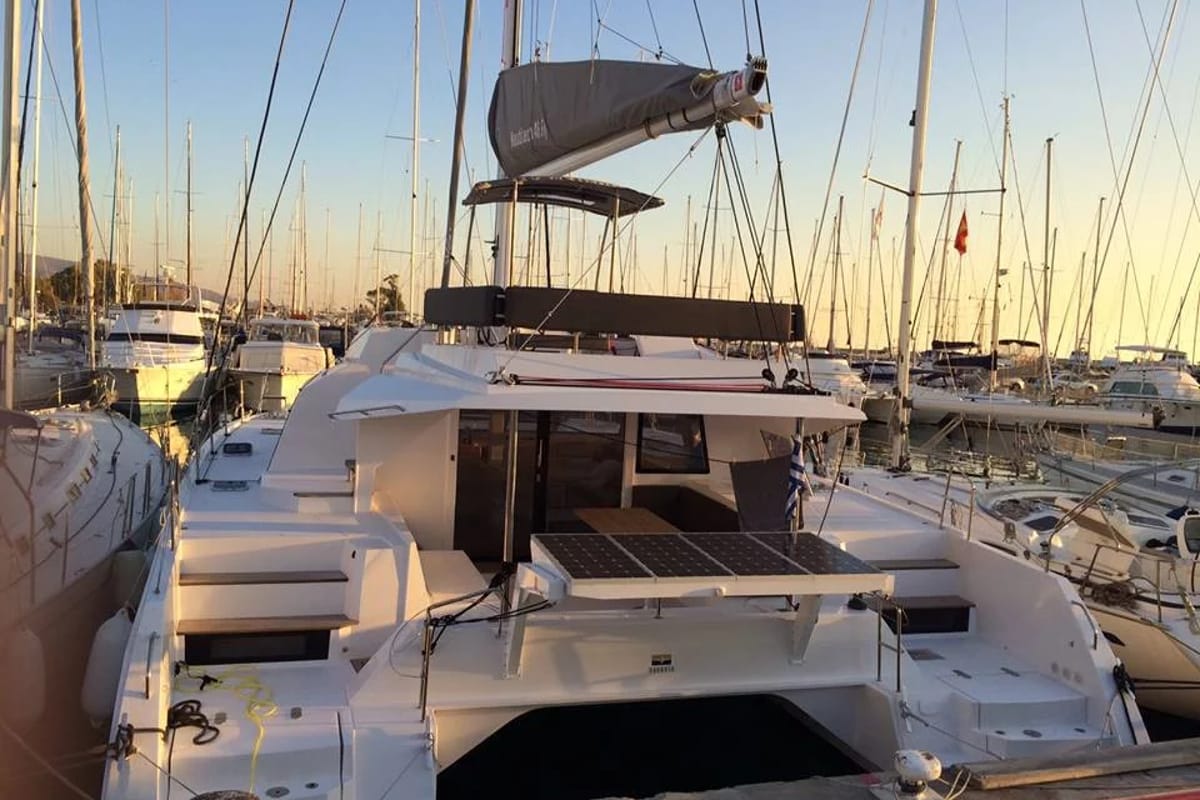 Exterior view of Mira, a Nautitech Rochefort Nautitech 46 Fly catamaran at Kontokali, Greece