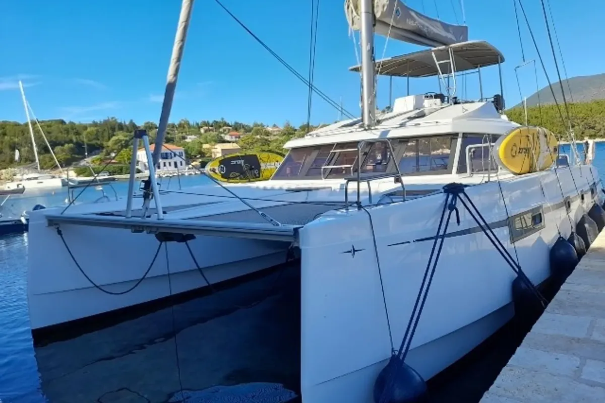 Exterior view of Mira, a Nautitech Rochefort Nautitech 46 Fly catamaran at Kontokali, Greece