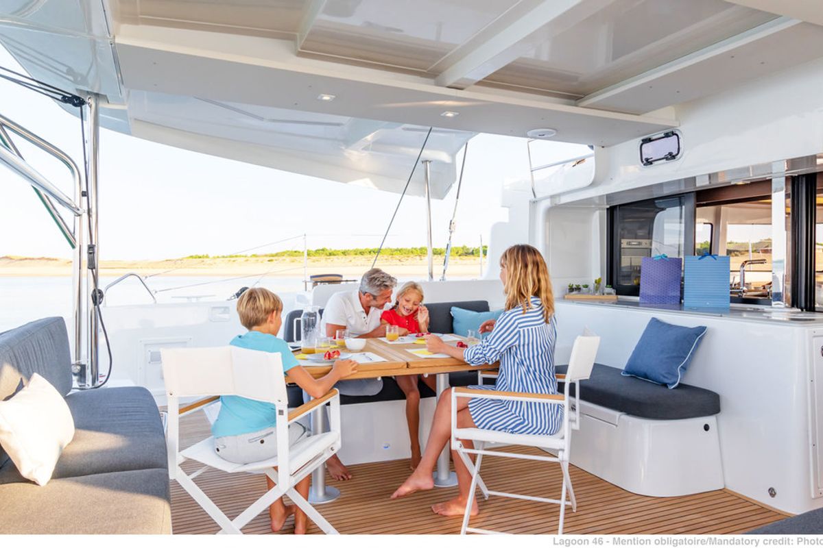 Deck of Sunsail 46 Cat Classic, a Lagoon 46 catamaran at Općina Marina, Croatia