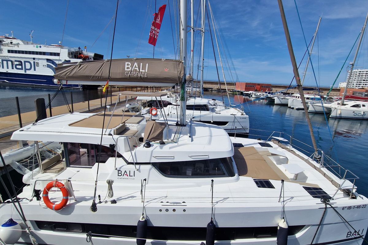 Exterior view of La Boheme, a Bali Catspace catamaran at Sant Antoni de Portmany, Spain