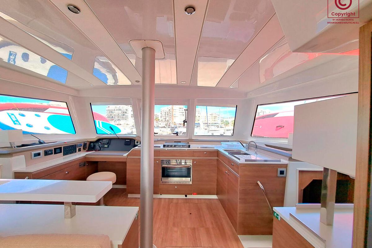 Salon of La Boheme, a Bali Catspace catamaran at Sant Antoni de Portmany, Spain