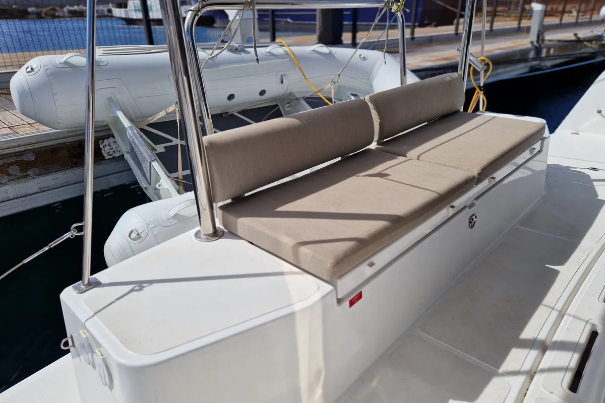 Deck of La Boheme, a Bali Catspace catamaran at Sant Antoni de Portmany, Spain