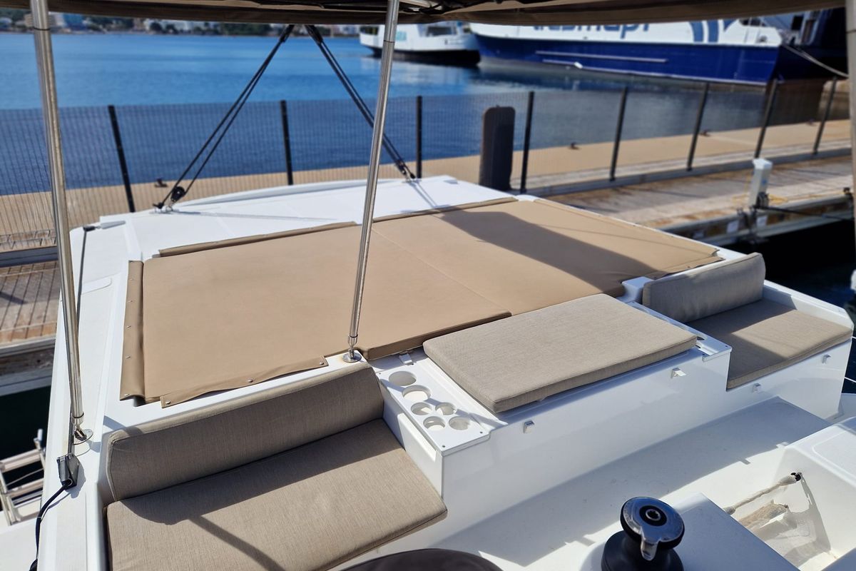 Deck of La Boheme, a Bali Catspace catamaran at Sant Antoni de Portmany, Spain