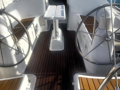 Cockpit of Evina, a Jeanneau Sun Odyssey 40.3 sailboat at Municipal Unit of Lefkada, Greece