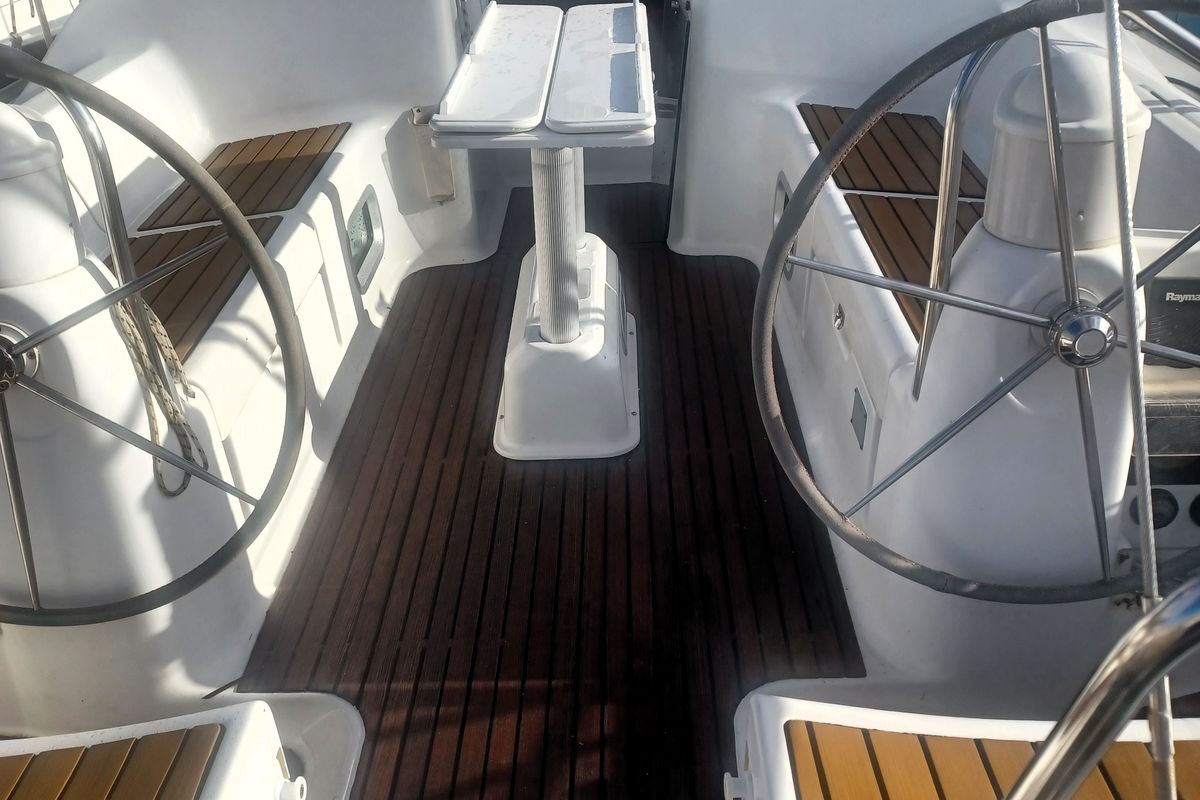 Cockpit of Evina, a Jeanneau Sun Odyssey 40.3 sailboat at Municipal Unit of Lefkada, Greece